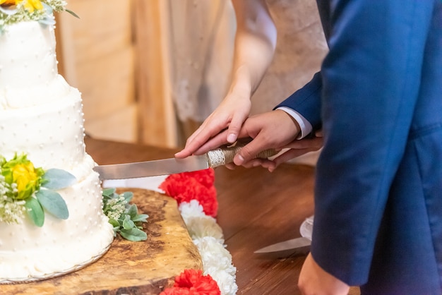 Жених и невеста разрезают красивый белый свадебный торт