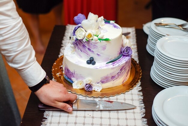 신부와 신랑 결혼식 케이크를 절단