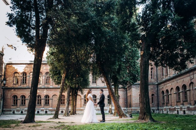 The bride and groom walking along  park