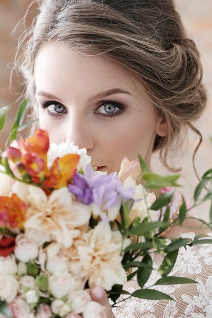 Bride in her wedding dress in her wedding dress