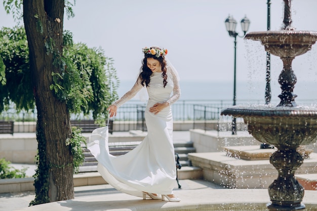 Bride holding her skirt