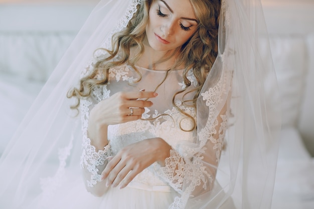 Bride looking at her hands