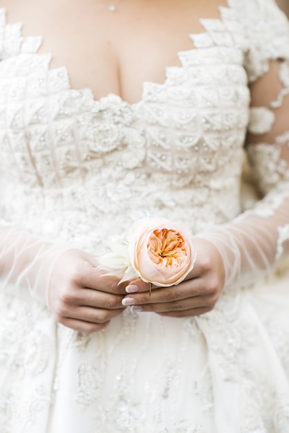 Bride in rich dress holds beige boutonniere