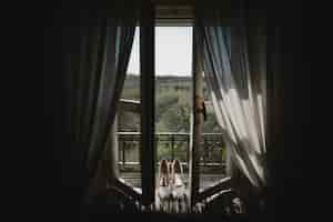 Free photo bride's shoes stand on the windowsill with great view behind it