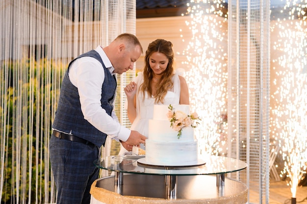 無料写真 花嫁のカップルが結婚式のケーキを切る