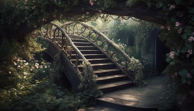 A bridge in the forest with a tree in the background