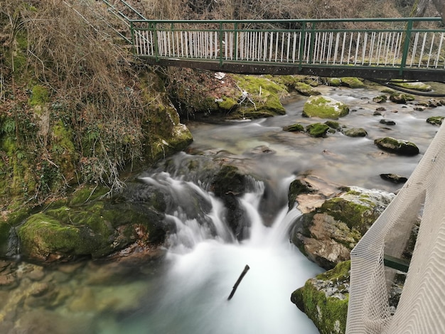 Бесплатное фото Мост через реку с длинной выдержкой в окружении зелени в парке