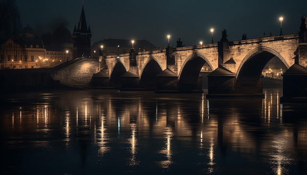 A bridge over the river vltava at night