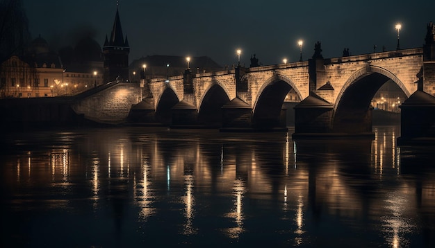 Мост через реку влтаву ночью