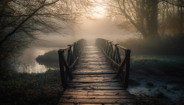 A bridge over a river with a foggy background