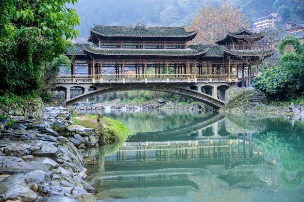 Bridge with a huge wooden construction