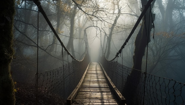 Foto gratuita un ponte nel bosco con la luce che lo illumina