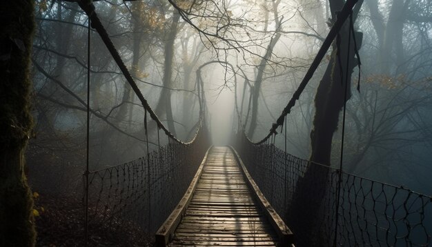 Мост в лесу с падающим на него светом