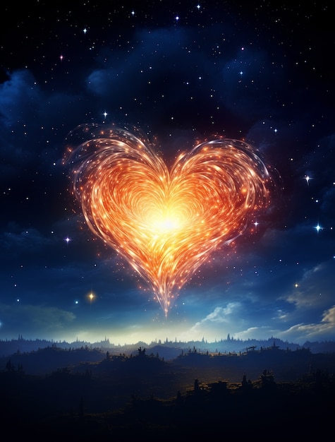 Bright 3d heart shape in night sky