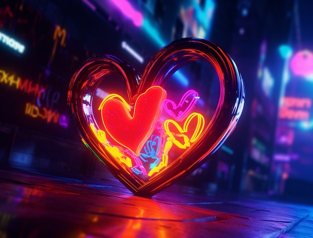 Foto gratuita forma di cuore 3d luminosa con luce al neon