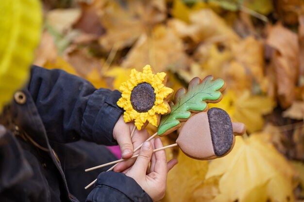 Яркие осенние пряники ручной работы на палочках в руках ребенка на прогулке в осеннем лесу.