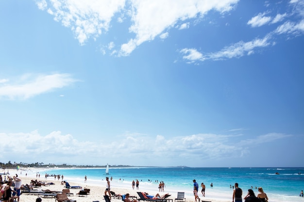 Bright blue sky spread over beach with white sand