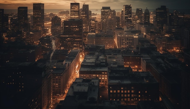 Bright city lights illuminate the modern skyline generated by AI