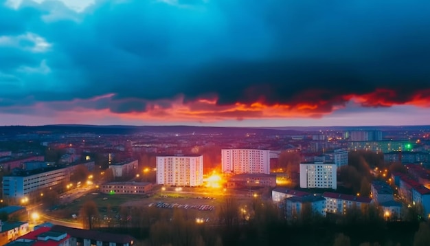 Foto gratuita luminoso skyline della città illuminato da un tramonto multicolore su un cielo drammatico generato dall'intelligenza artificiale