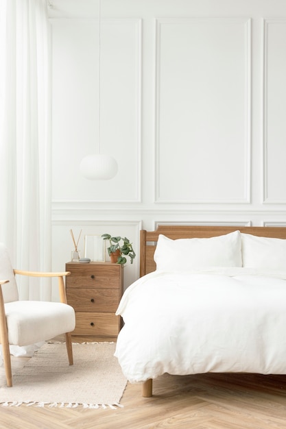 Foto gratuita camera da letto moderna luminosa e pulita in stile scandinavo