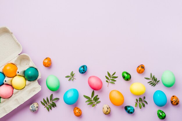 Bright collection of row of colored eggs near container and leaves