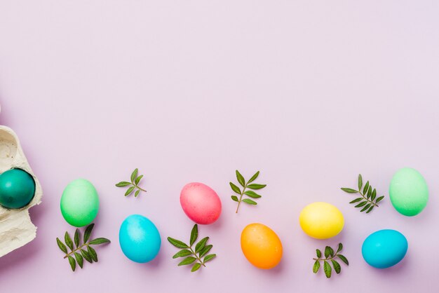 Bright collection of row of colored eggs near container and plants