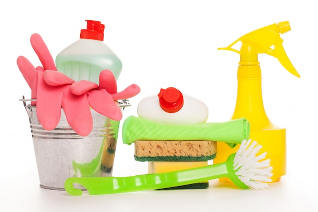 Bright colorful cleaning set on a wooden table