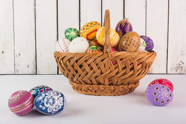 Bright colorful Easter eggs in basket