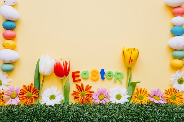 Bright composition with eggs and flowers
