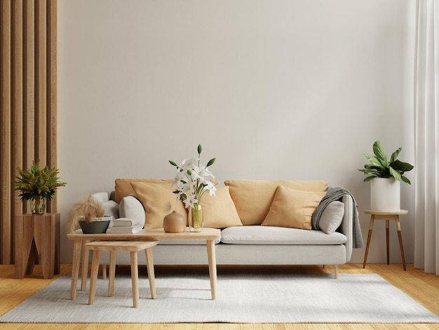 L'interno del soggiorno moderno luminoso e accogliente ha un divano e una pianta con rendering wall3d bianco