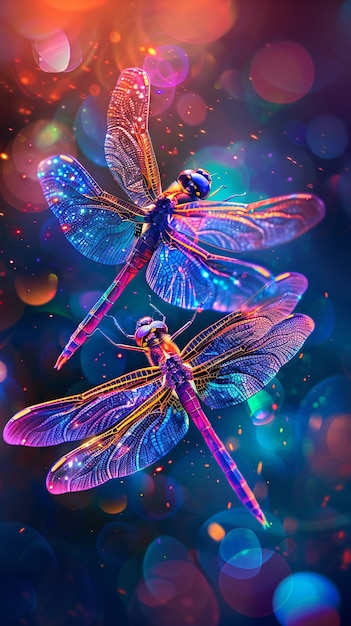 Foto gratuita libellula luminosa con sfumature al neon