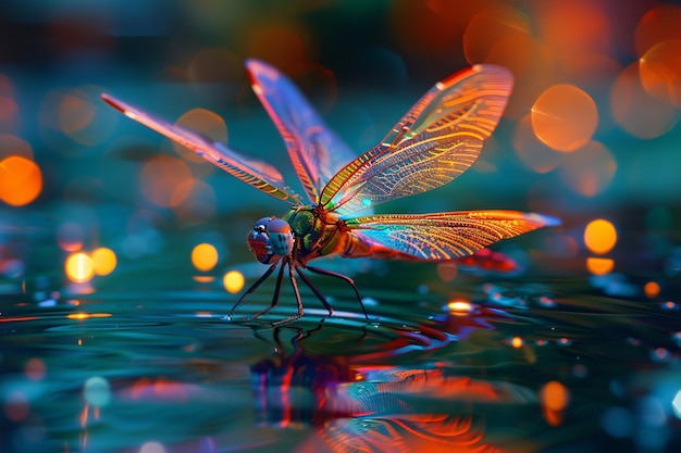 Free photo bright dragonfly with neon shades