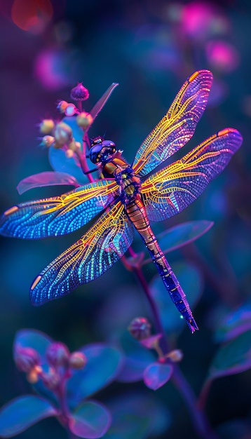 Free photo bright dragonfly with neon shades