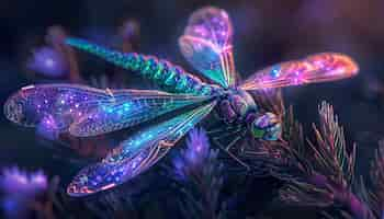 Foto gratuita libellula luminosa con sfumature al neon