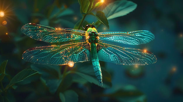 Foto gratuita libellula luminosa con sfumature al neon