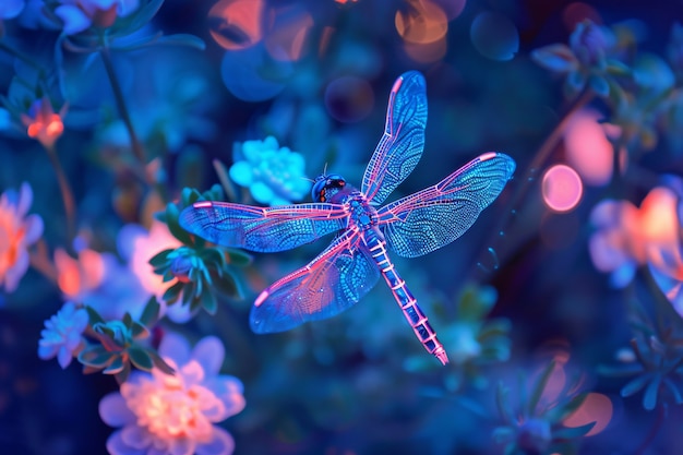 Free photo bright dragonfly with neon shades