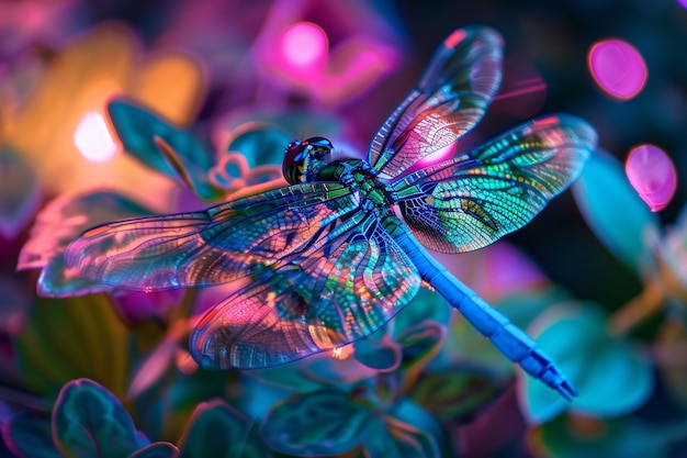 Foto gratuita libellula luminosa con sfumature al neon