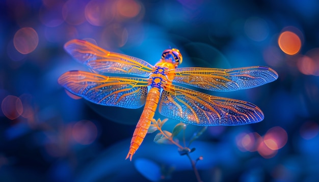 Foto gratuita libellula luminosa con sfumature al neon