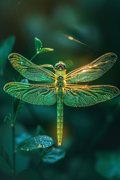 Foto gratuita libellula luminosa con sfumature al neon