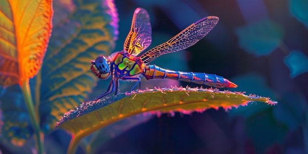 Free photo bright dragonfly with neon shades