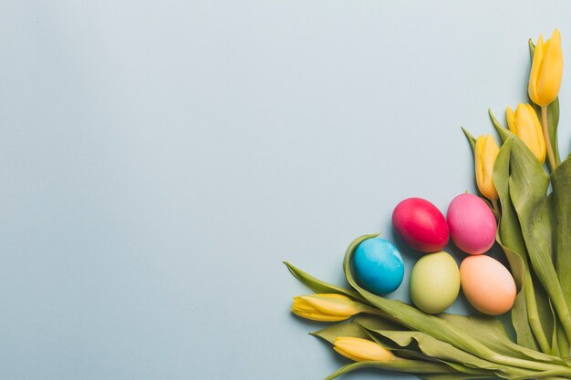 Bright eggs amidst tulips