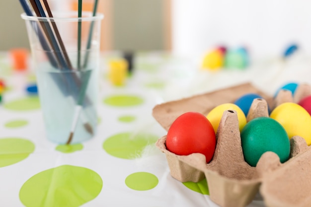 Bright eggs on table for coloring