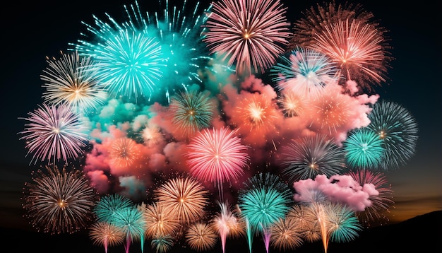 Foto gratuita fuochi d'artificio luminosi illuminano il cielo notturno in festa generati dall'intelligenza artificiale
