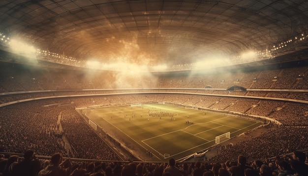 Bright floodlights illuminate crowded soccer championship game generated by AI