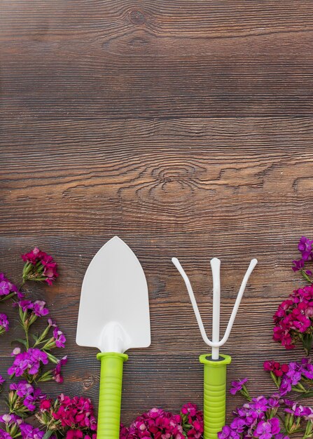 Bright flowers near gardening tools