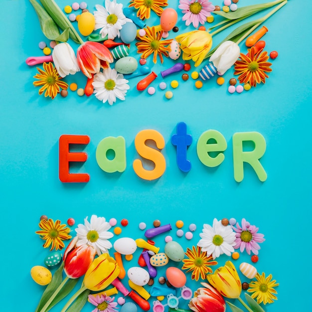 Bright mess of flowers and Easter eggs