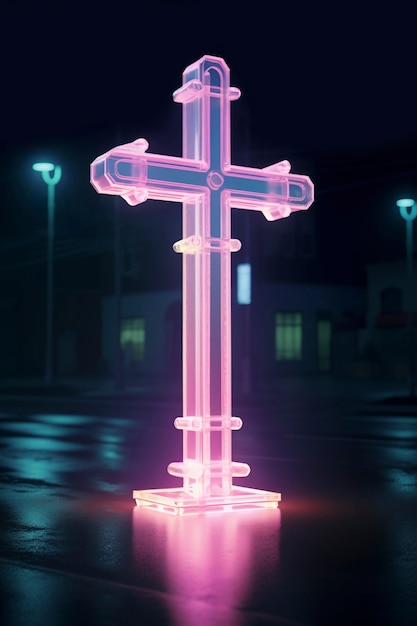 Free photo bright neon light cross