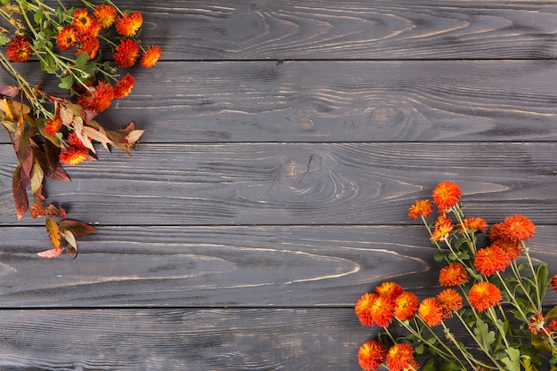 Bright red flowers scattered on wooden table