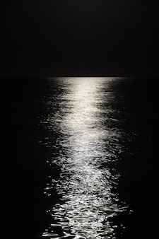 Яркое отражение луны до самого горизонта на спокойных морских волнах ночью. в черно-белом