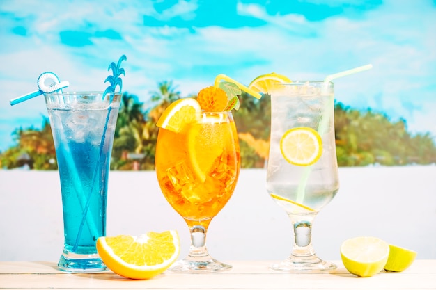 Bright tasty drinks in decorated glasses and sliced citruses